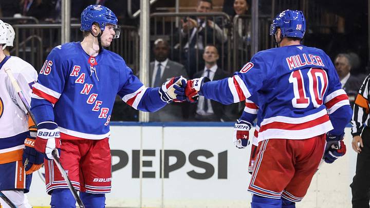 Sep 22, 2026; New York, New York, USA; New York Rangers left wing Pavel Dorofeyev (16) is greeted by forward JT Miller (10) after scoring in the second period against the New York Islanders at Madison Square Garden. Mandatory Credit: Wendell Cruz-Imagn Images Sep 22, 2026; New York, New York, USA; New York Rangers left wing Pavel Dorofeyev (16) is greeted by forward JT Miller (10) after scoring in the second period against the New York Islanders at Madison Square Garden. Mandatory Credit: Wendell Cruz-Imagn Images