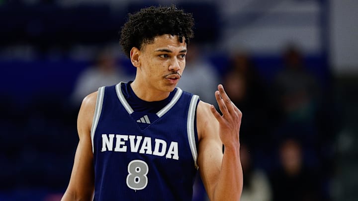 Feb 4, 2025; Colorado Springs, Colorado, USA; Nevada Wolf Pack guard Kobe Sanders (8) gestures in the second half against the Air Force Falcons at Clune Arena. Mandatory Credit: Isaiah J. Downing-Imagn Images