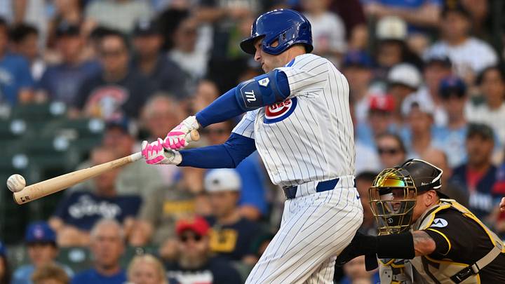 Jun 29, 2026; Chicago, Illinois, USA; Chicago Cubs third baseman Alex Bregman (3) hits a single against the San Diego Padres during the first inning at Wrigley Field. Mandatory Credit: Patrick Gorski-Imagn Images