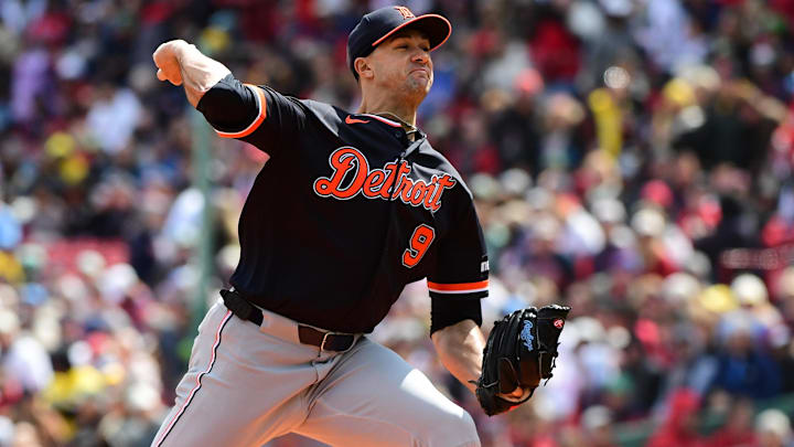 Apr 20, 2026; Boston, Massachusetts, USA;  Detroit Tigers starting pitcher Jack Flaherty (9) pitches during the first inning against the Boston Red Sox at Fenway Park. Mandatory Credit: Bob DeChiara-Imagn Images