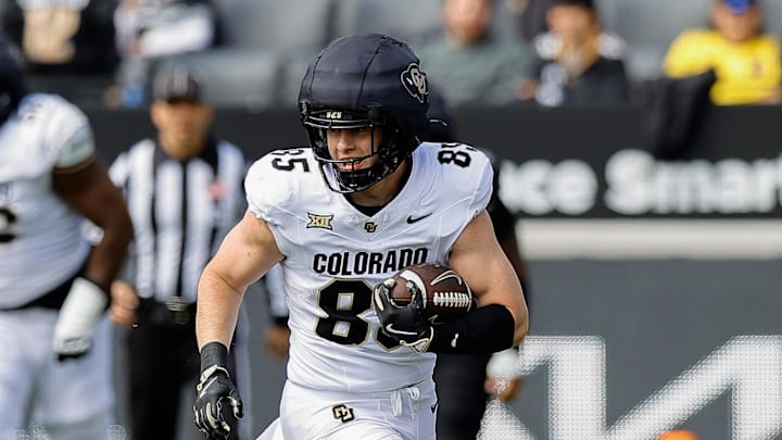 Apr 19, 2025; Boulder, CO, USA; Colorado Buffaloes tight end Zach Atkins (85) during the spring game at Folsom Field. Mandatory Credit: Isaiah J. Downing-Imagn Images