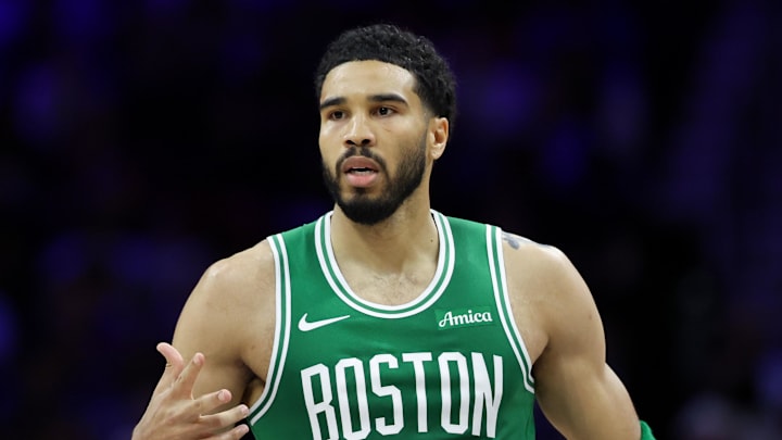 Apr 30, 2026; Philadelphia, Pennsylvania, USA; Boston Celtics forward Jayson Tatum (0) reacts to his score against the Philadelphia 76ers during the second quarter at Xfinity Mobile Arena. Mandatory Credit: Bill Streicher-Imagn Images