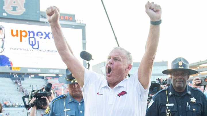 Arkansas coach Sam Pittman acknowledges the cheers of Razorback fans as he walks off the field at Jordan-Hare Stadium in Auburn, Ala. on Sept. 21. The Hogs had just defeated the Auburn Tigers 24-14 in their SEC opener.