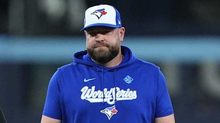 Nov 1, 2025; Toronto, Ontario, CAN; Toronto Blue Jays manager John Schneider (14) reacts after the benches clear in the fourth inning against the Los Angeles Dodgers during game seven of the 2025 MLB World Series at Rogers Centre. Nov 1, 2025; Toronto, Ontario, CAN; Toronto Blue Jays manager John Schneider (14) reacts after the benches clear in the fourth inning against the Los Angeles Dodgers during game seven of the 2025 MLB World Series at Rogers Centre.