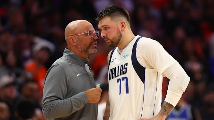 Oct 26, 2024; Phoenix, Arizona, USA; Dallas Mavericks head coach Jason Kidd with guard Luka Doncic (77) against the Phoenix Suns in the first half at Footprint Center. Mandatory Credit: Mark J. Rebilas-Imagn Images