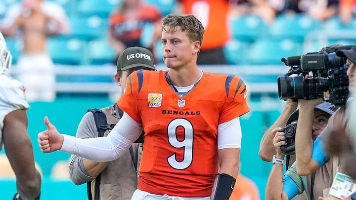 Cincinnati Bengals quarterback Joe Burrow (9) gives a thumbs up after the fourth quarter of the NFL Week 5 game between the Miami Dolphins and the Cincinnati Bengals at Hard Rock Stadium in Miami Gardens, Florida, on Sunday, Oct. 11, 2026. The Bengals improved to 3-2 on the season with a 31-24 win on the road. Cincinnati Bengals quarterback Joe Burrow (9) gives a thumbs up after the fourth quarter of the NFL Week 5 game between the Miami Dolphins and the Cincinnati Bengals at Hard Rock Stadium in Miami Gardens, Florida, on Sunday, Oct. 11, 2026. The Bengals improved to 3-2 on the season with a 31-24 win on the road.