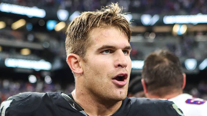 Oct 18, 2026; Paradise, Nevada, USA; Las Vegas Raiders tight end Michael Mayer (87) on the field after the game against the Buffalo Bills at Allegiant Stadium. Mandatory Credit: Christopher Trim-Imagn Images Oct 18, 2026; Paradise, Nevada, USA; Las Vegas Raiders tight end Michael Mayer (87) on the field after the game against the Buffalo Bills at Allegiant Stadium. Mandatory Credit: Christopher Trim-Imagn Images