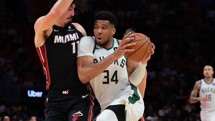 Mar 12, 2026; Miami, Florida, USA; Milwaukee Bucks forward Giannis Antetokounmpo (34) drives to the basket against Miami Heat forward Jaime Jaquez Jr. (11) during the second quarter at Kaseya Center. Mandatory Credit: Sam Navarro-Imagn Images Mar 12, 2026; Miami, Florida, USA; Milwaukee Bucks forward Giannis Antetokounmpo (34) drives to the basket against Miami Heat forward Jaime Jaquez Jr. (11) during the second quarter at Kaseya Center. Mandatory Credit: Sam Navarro-Imagn Images