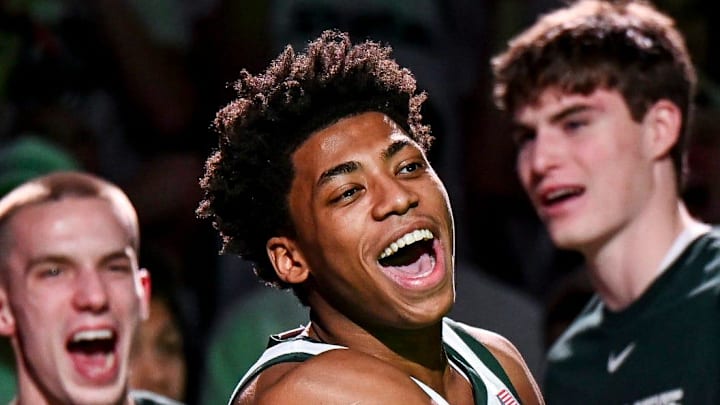 Michigan State's Jeremy Fears Jr. is announced before the Spartans game against Michigan on Friday, Jan. 30, 2026, at the Breslin Center in East Lansing.