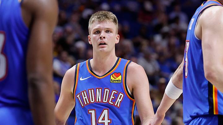 Oct 6, 2026; Tulsa, Oklahoma, USA; Oklahoma City Thunder guard Bennett Stirtz (14) stands with his team between plays during the second half against the New Orleans Pelicans at BOK Center. Mandatory Credit: Alonzo Adams-Imagn Images Oct 6, 2026; Tulsa, Oklahoma, USA; Oklahoma City Thunder guard Bennett Stirtz (14) stands with his team between plays during the second half against the New Orleans Pelicans at BOK Center. Mandatory Credit: Alonzo Adams-Imagn Images
