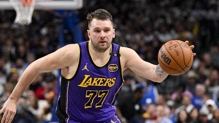 Apr 9, 2025; Dallas, Texas, USA; Los Angeles Lakers guard Luka Doncic (77) in action during the game between the Dallas Mavericks and the Los Angeles Lakers at American Airlines Center. Mandatory Credit: Jerome Miron-Imagn Images