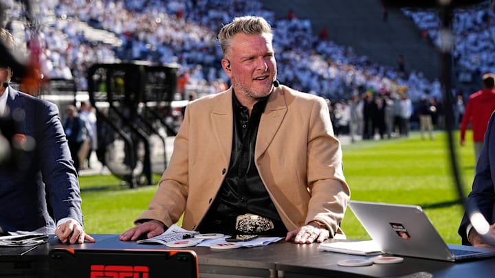 Pat McAfee sits on the ESPN College Gameday set prior to the NCAA football game between the Penn State Nittany Lions and the Ohio State Buckeyes at Beaver Stadium in University Park, Pa. on Saturday, Nov. 2, 2024.