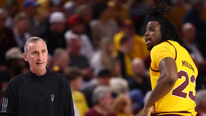Jan 24, 2026; Tempe, Arizona, USA; Arizona State Sun Devils head coach Bobby Hurley with forward Allen Mukeba (23) against the Cincinnati Bearcats at Desert Financial Arena. Mandatory Credit: Mark J. Rebilas-Imagn Images
