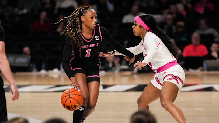 Vanderbilt freshman Mikayla Blakes dribbles the ball against a Mississippi State defender in Thursday night's game at Memorial Gymnasium.