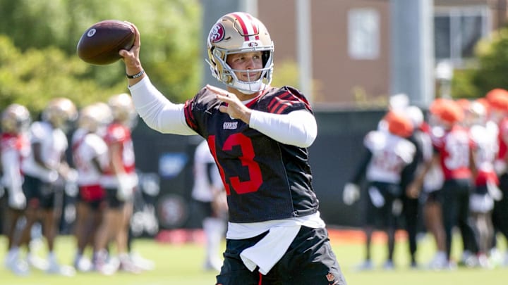 Jun 11, 2025; Santa Clara, CA, USA; San Francisco 49ers quarterback Brock Purdy (13) throws a pass during a team OTA at Levi's Stadium. Mandatory Credit: D. Ross Cameron-Imagn Images Jun 11, 2025; Santa Clara, CA, USA; San Francisco 49ers quarterback Brock Purdy (13) throws a pass during a team OTA at Levi's Stadium. Mandatory Credit: D. Ross Cameron-Imagn Images