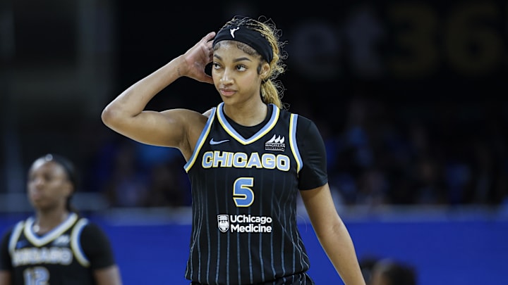 Jul 12, 2025; Chicago, Illinois, USA; Chicago Sky forward Angel Reese (5) walks on the court during the second half of a WNBA game against the Minnesota Lynx at Wintrust Arena. Mandatory Credit: Kamil Krzaczynski-Imagn Images