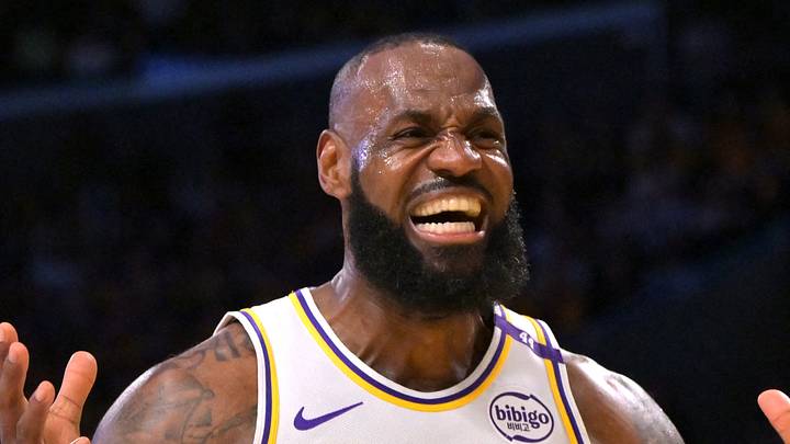 Apr 19, 2025; Los Angeles, California, USA;  Los Angeles Lakers forward LeBron James (23) reacts after missing a pass in the first quarter against the Minnesota Timberwolves at Crypto.com Arena. Mandatory Credit: Jayne Kamin-Oncea-Imagn Images