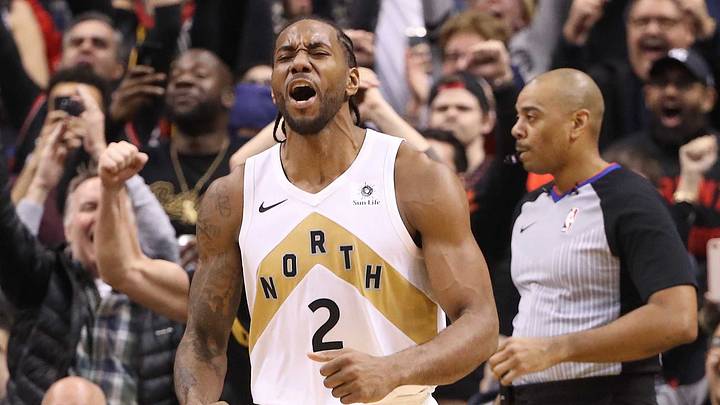 Mar 1, 2019; Toronto, Ontario, CAN; Toronto Raptors forward Kawhi Leonard (2) celebrates after scoring the game-winning basket in the fourth quarter against the Portland Trail Blazers at Scotiabank Arena. The Raptors beat the Trail Blazers 119-117. Mandatory Credit: Tom Szczerbowski-USA TODAY Sports