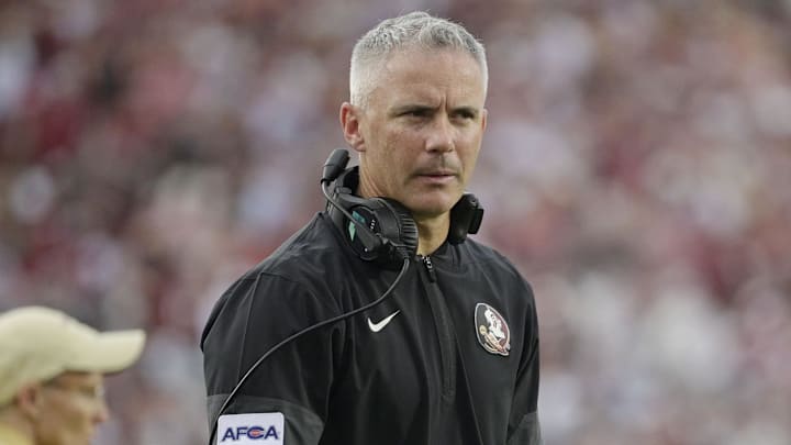 Aug 30, 2025; Tallahassee, Florida, USA; Florida State Seminoles head coach Mike Norvell reacts after a play against the Alabama Crimson Tide during the second half at Doak S. Campbell Stadium. Mandatory Credit: Melina Myers-Imagn Images