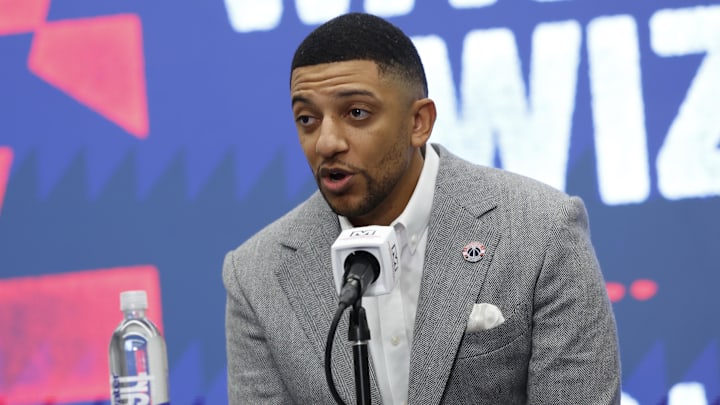 Jan 9, 2026; Washington, District of Columbia, USA; Washington Wizards general manager Will Dawkins  introduces newly acquired Wizards guard Trae Young (not pictured) at a press conference prior to the Wizards' game against the New Orleans Pelicans at Capital One Arena. Mandatory Credit: Geoff Burke-Imagn Images