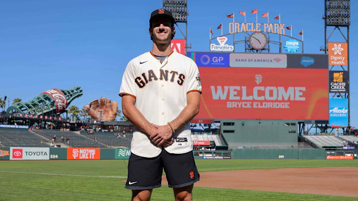 Jul 26, 2023; San Francisco, California, USA; San Francisco Giants 2023 first-round pick Bryce Eldridge before the game against the Oakland Athletics at Oracle Park. Jul 26, 2023; San Francisco, California, USA; San Francisco Giants 2023 first-round pick Bryce Eldridge before the game against the Oakland Athletics at Oracle Park.