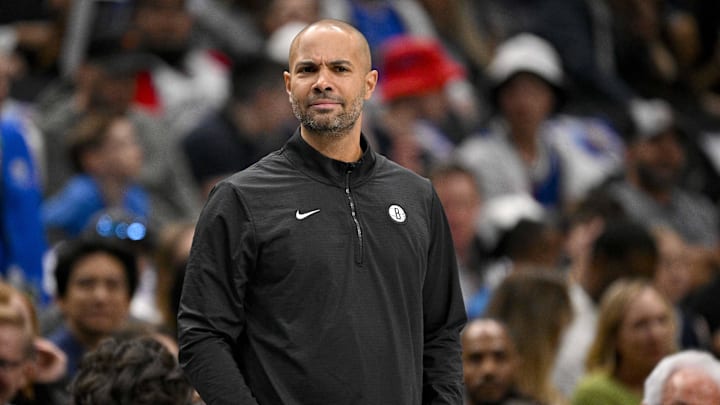 Mar 31, 2025; Dallas, Texas, USA; Brooklyn Nets head coach Jordi Fernandez looks on during the first quarter against the Dallas Mavericks at the American Airlines Center. Mandatory Credit: Jerome Miron-Imagn Images