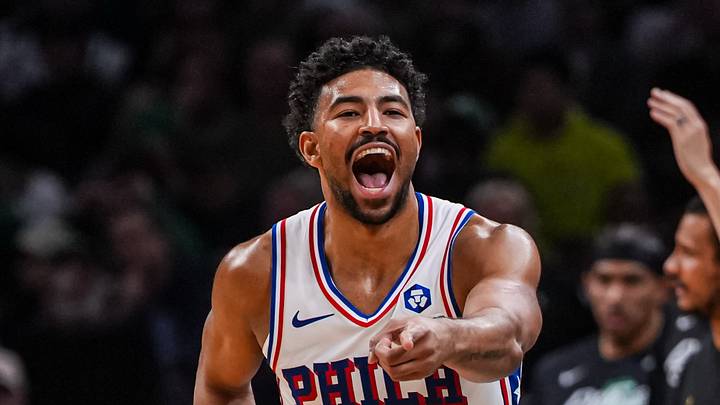 Apr 28, 2026; Boston, Massachusetts, USA; Philadelphia 76ers guard Quentin Grimes (5) reacts after his three point basket against the Boston Celtics in the second half during game five of the first round of the 2026 NBA Playoffs at TD Garden. Mandatory Credit: David Butler II-Imagn Images Apr 28, 2026; Boston, Massachusetts, USA; Philadelphia 76ers guard Quentin Grimes (5) reacts after his three point basket against the Boston Celtics in the second half during game five of the first round of the 2026 NBA Playoffs at TD Garden. Mandatory Credit: David Butler II-Imagn Images