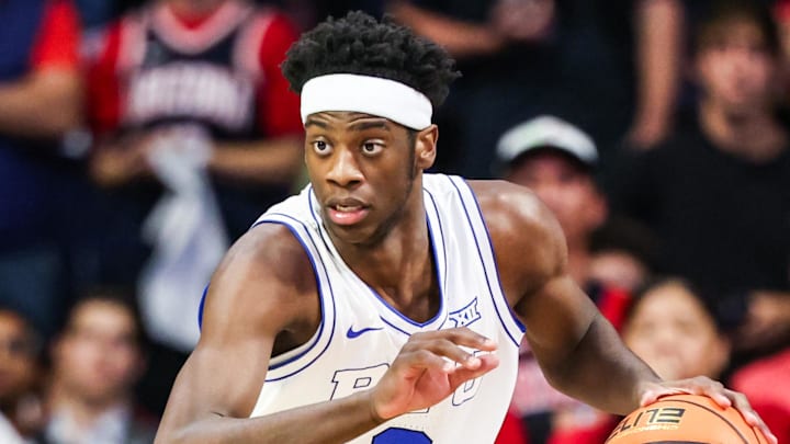 Feb 18, 2026; Tucson, Arizona, USA; Brigham Young Cougars forward AJ Dybantsa (3) dribbles the ball during the first half of the game against the Arizona Wildcats at McKale Memorial Center. Mandatory Credit: Aryanna Frank-Imagn Images Feb 18, 2026; Tucson, Arizona, USA; Brigham Young Cougars forward AJ Dybantsa (3) dribbles the ball during the first half of the game against the Arizona Wildcats at McKale Memorial Center. Mandatory Credit: Aryanna Frank-Imagn Images
