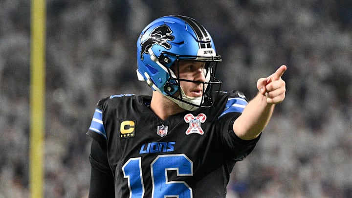 Dec 25, 2025; Minneapolis, Minnesota, USA; Detroit Lions quarterback Jared Goff (16) calls a play at the line of scrimmage against the Minnesota Vikings in the second quarter at U.S. Bank Stadium. Mandatory Credit: Jeffrey Becker-Imagn Images