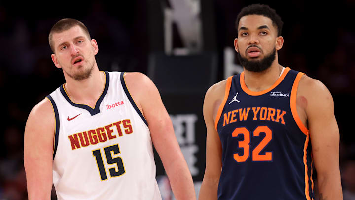Jan 29, 2025; New York, New York, USA; Denver Nuggets center Nikola Jokic (15) and Denver Nuggets center Nikola Jokic  (32) react during the fourth quarter at Madison Square Garden. Mandatory Credit: Brad Penner-Imagn Images