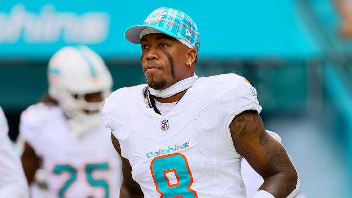 Oct 27, 2024; Miami Gardens, Florida, USA; Miami Dolphins safety Jevon Holland (8) enters the field before the game against the Arizona Cardinals at Hard Rock Stadium. Mandatory Credit: Sam Navarro-Imagn Images