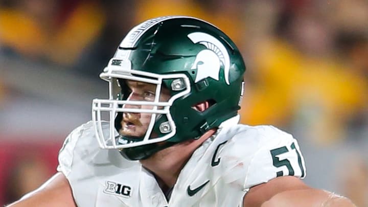 Michigan State center Matt Gulbin gets ready to throw a block during the Spartans' game against the USC Trojans on Sept. 20, 2025.