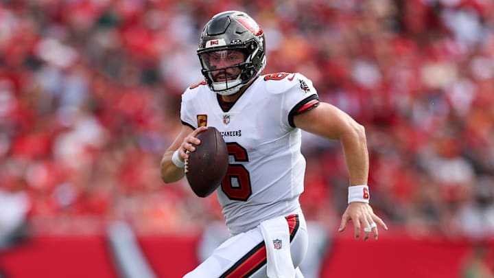 aSep 8, 2024; Tampa, Florida, USA; Tampa Bay Buccaneers quarterback Baker Mayfield (6) runs with the ball against the Washington Commanders in the first quarter at Raymond James Stadium. aSep 8, 2024; Tampa, Florida, USA; Tampa Bay Buccaneers quarterback Baker Mayfield (6) runs with the ball against the Washington Commanders in the first quarter at Raymond James Stadium.