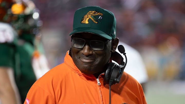 Head coach James Colzie III smiles as the The Florida A&M Rattlers lead the game against Southern University, Saturday, Oct. 26, 2024. Head coach James Colzie III smiles as the The Florida A&M Rattlers lead the game against Southern University, Saturday, Oct. 26, 2024.