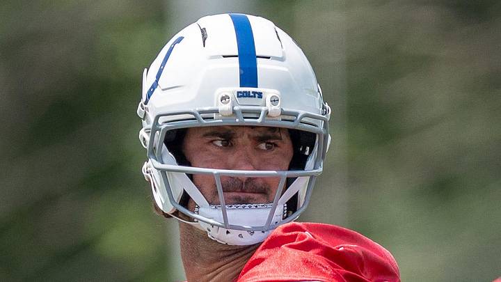 Indianapolis Colts quarterback Daniel Jones throws a pass in practice