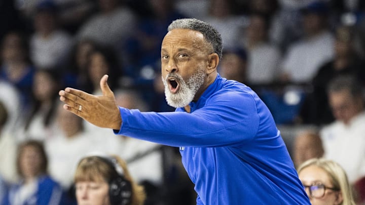 Mar 1, 2026; Lexington, Kentucky, USA; Kentucky Wildcats head coach Kenny Brooks yells to his team during the second quarter at Memorial Coliseum. Mandatory Credit: Arden Barnes-Imagn Images Mar 1, 2026; Lexington, Kentucky, USA; Kentucky Wildcats head coach Kenny Brooks yells to his team during the second quarter at Memorial Coliseum. Mandatory Credit: Arden Barnes-Imagn Images