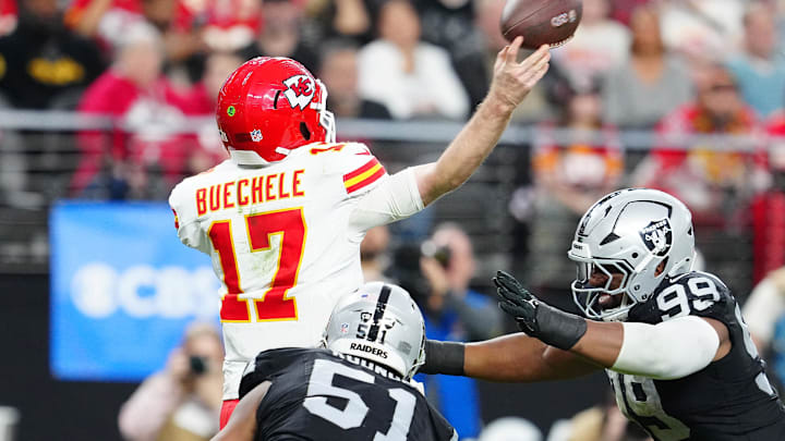 Jan 4, 2026; Paradise, Nevada, USA; Las Vegas Raiders defensive end Malcolm Koonce (51) and defensive tackle Thomas Booker IV (99) pressure Kansas City Chiefs quarterback Shane Buechele (17) during the fourth quarter at Allegiant Stadium. Mandatory Credit: Stephen R. Sylvanie-Imagn Images