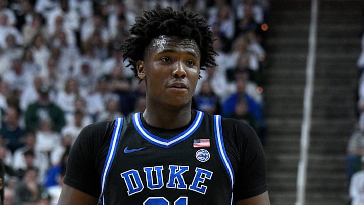 Dec 6, 2025; East Lansing, Michigan, USA;  Duke Blue Devils center Patrick Ngongba (21) during the first half against the Michigan State Spartans at Jack Breslin Student Events Center. Mandatory Credit: Dale Young-Imagn Images