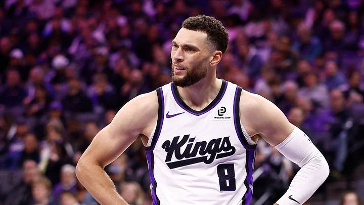 Nov 30, 2025; Sacramento, California, USA; Sacramento Kings guard Zach LaVine (8) reacts after a play against the Memphis Grizzlies during the second quarter at Golden 1 Center. Nov 30, 2025; Sacramento, California, USA; Sacramento Kings guard Zach LaVine (8) reacts after a play against the Memphis Grizzlies during the second quarter at Golden 1 Center.