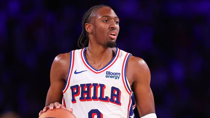 Oct 25, 2026; Philadelphia, Pennsylvania, USA; Philadelphia 76ers guard Tyrese Maxey (0) controls the ball against the Detroit Pistons during the third quarter at Xfinity Mobile Arena. 