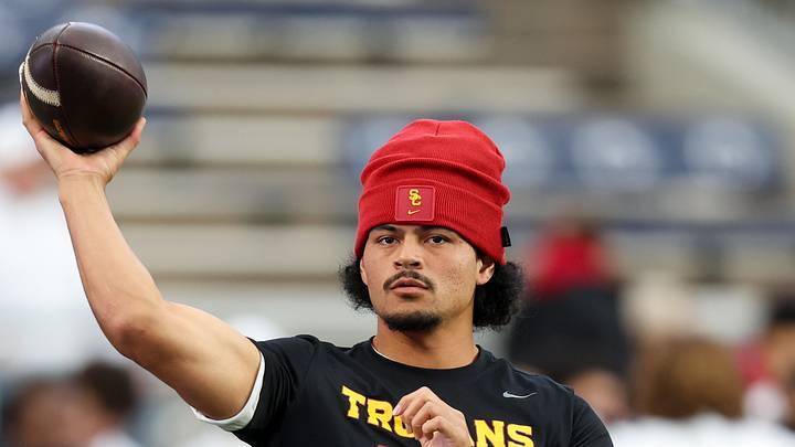 Oct 10, 2026; University Park, Pennsylvania, USA;  Southern California Trojans quarterback Jayden Maiava (14) throws a pass during a warmup prior to the game against the Penn State Nittany Lions at West Shore Home Field at Beaver Stadium.  Mandatory Credit: Matthew O'Haren-Imagn Images