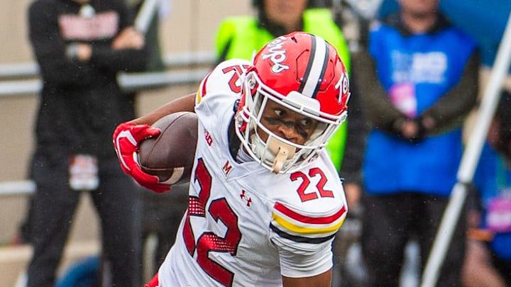 Maryland's Jalen Huskey (22) returns an interception during the Indiana versus Maryland football game at Memorial Stadium on Saturday, Sept. 28, 2024.