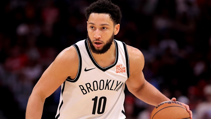 Feb 1, 2025; Houston, Texas, USA; Brooklyn Nets guard Ben Simmons (10) handles the ball against the Houston Rockets during the third quarter at Toyota Center. Mandatory Credit: Erik Williams-Imagn Images