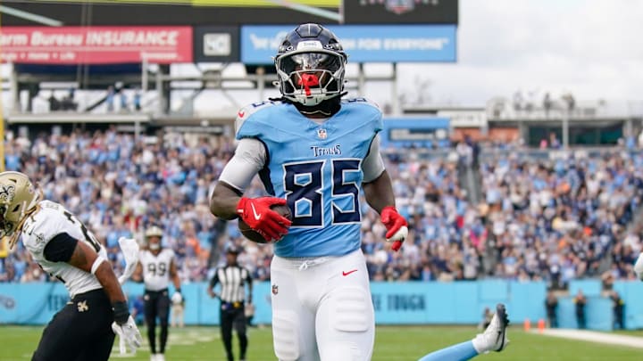 Tennessee Titans tight end Chig Okonkwo (85) makes it to the end zone during the second quarter against the New Orleans Saints at Nissan Stadium in Nashville, Tenn., Sunday, Dec. 28, 2025. Tennessee Titans tight end Chig Okonkwo (85) makes it to the end zone during the second quarter against the New Orleans Saints at Nissan Stadium in Nashville, Tenn., Sunday, Dec. 28, 2025.