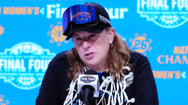 Apr 5, 2026; Phoenix, AZ, USA; UCLA Bruins head coach Cori Close speaks in a press conference after defeating the South Carolina Gamecocks during the National Championship game of the women's 2026 NCAA Tournament at Mortgage Matchup Center. Mandatory Credit: Kirby Lee-Imagn Images