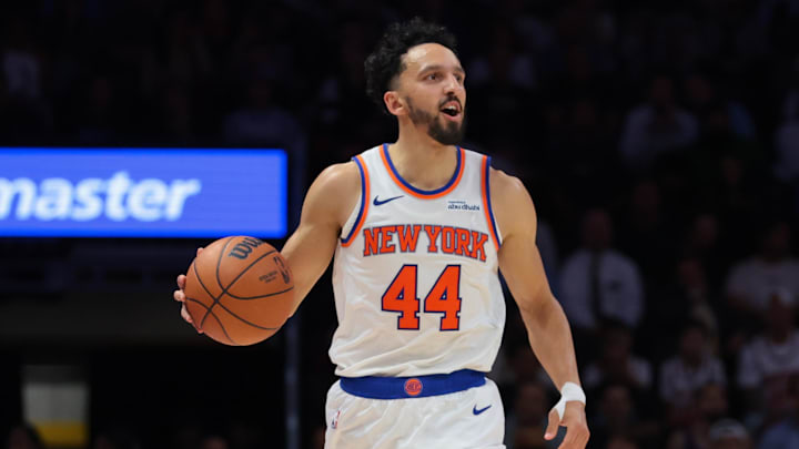 Nov 17, 2025; Miami, Florida, USA; New York Knicks guard Landry Shamet (44) dribbles the basketball against the Miami Heat during the third quarter at Kaseya Center. Mandatory Credit: Sam Navarro-Imagn Images