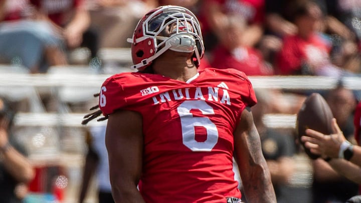 Indiana's Mikail Kamara (6) celebrates a sack of Kennesaw State's Amari Odom (2) on Sept. 6, 2025, at Memorial Stadium.