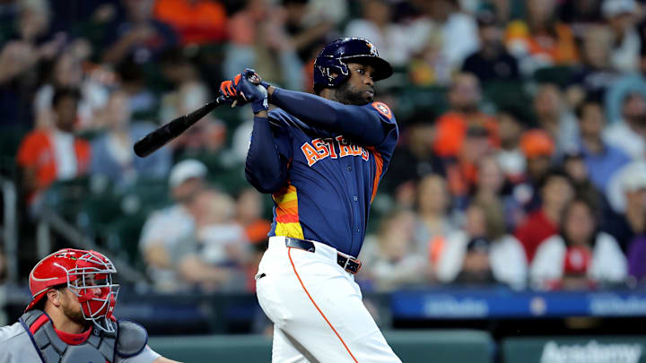 Apr 19, 2026; Houston, Texas, USA; Houston Astros designated hitter Yordan Alvarez (44) hits an infield single against the St. Louis Cardinals during the third inning at Daikin Park. Mandatory Credit: Erik Williams-Imagn Images