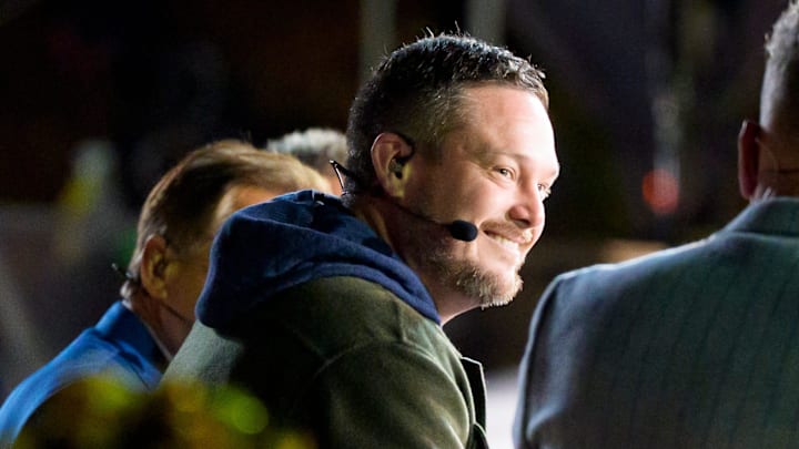 Oregon coach Dan Lanning appears on set as Duck fans flock to the set of ESPN’s College GameDay on the campus of the University of Oregon on Nov. 22, 2025, in Eugene, Oregon.