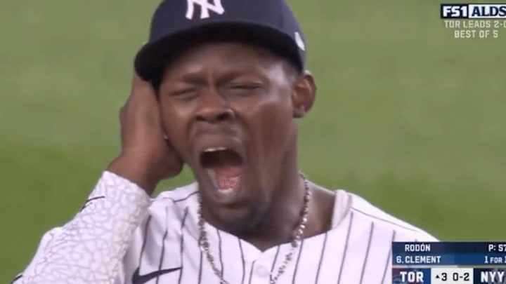 Jazz Chisholm was seen yawning during the top of the third inning in Tuesday night's Game 3 vs. the Blue Jays. 
